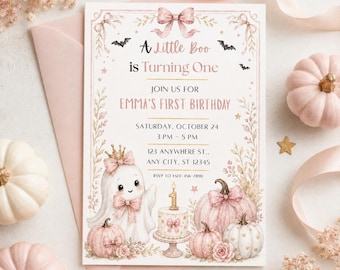 Little Boo First Birthday Invitation, Pink Pumpkin Ghost Girl Party (Digital Download)