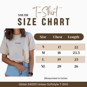 May include: A beige Gildan 64000 Unisex Softstyle T-Shirt with a size chart. The chart displays chest and length measurements in inches for sizes S, M, L, and XL. The text "T-Shirt SIZE CHART" is at the top.