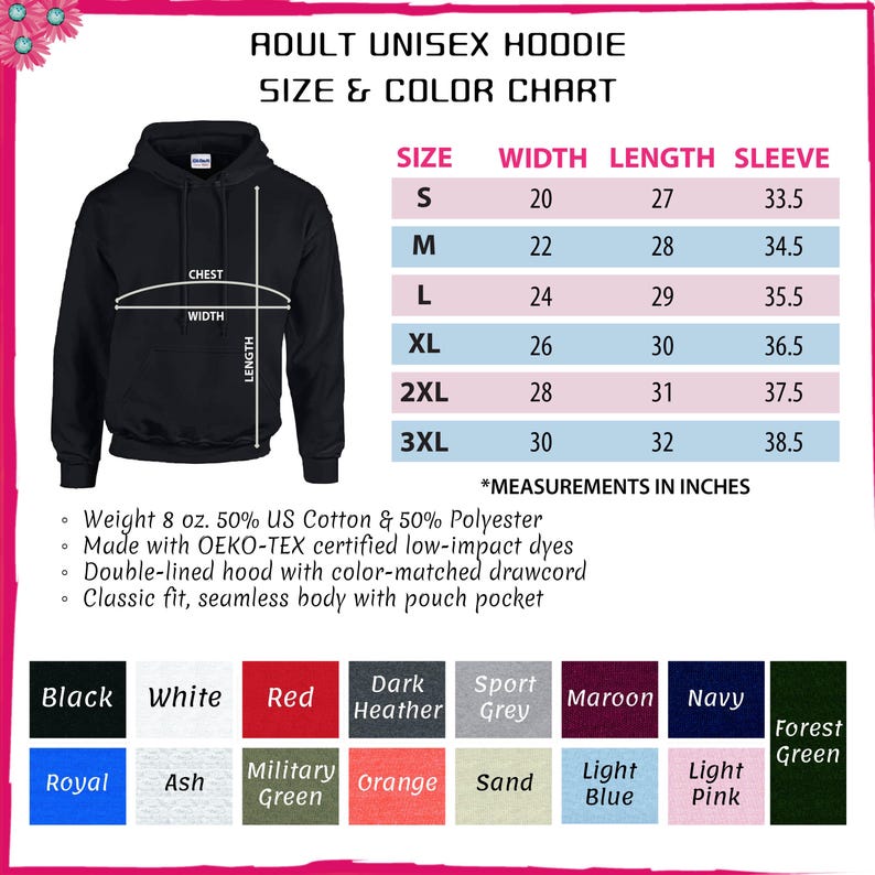 Op de afbeelding: Zwarte unisex hoodie voor volwassenen met een maat- en kleurentabel. De tabel toont de afmetingen in inches voor de maten S tot en met 3XL. Beschikbare kleuren zijn zwart, wit, rood, donkergrijs, sportgrijs, bordeauxrood, marineblauw en bosgroen.