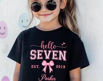 Hello Seven Birthday Girl T-Shirt, Custom Name Age Tee