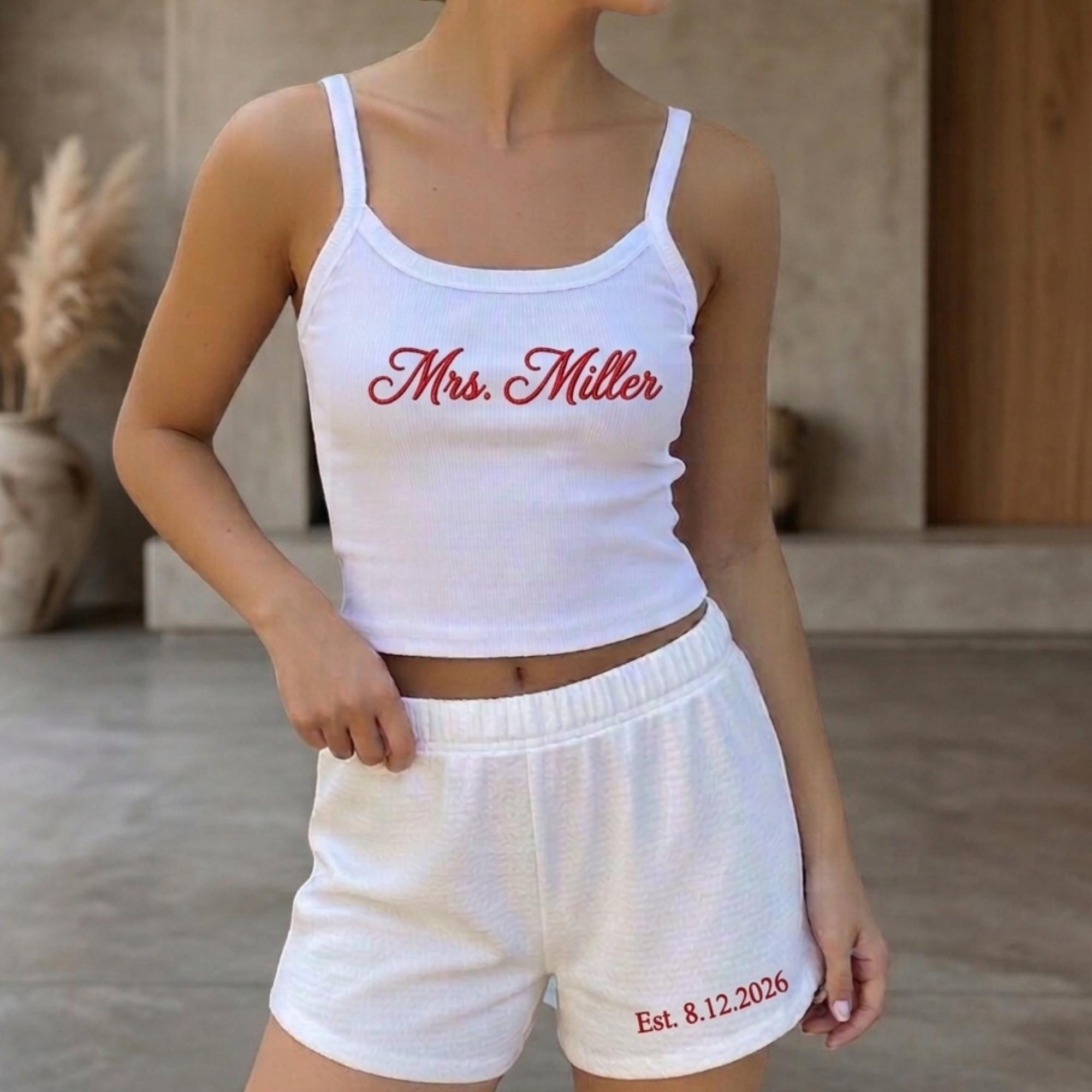 Custom Embroidered Spaghetti Strap Crop Tank Top, Jogger Short, Women's Crop Tops, Wedding Embroidered Gifts