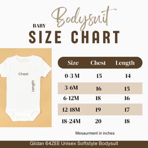 May include: A white baby bodysuit with a size chart. The chart displays chest and length measurements in inches for sizes 0-3 months to 18-24 months. The text "Baby Bodysuit Size Chart" is at the top.