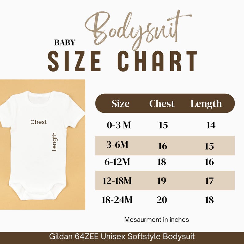 May include: A white baby bodysuit with a size chart. The chart displays chest and length measurements in inches for sizes 0-3 months to 18-24 months. The text "Baby Bodysuit Size Chart" is at the top.