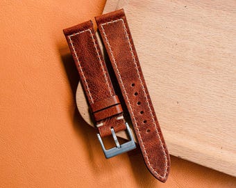 Handmade Waxed Leather Watch Strap – Sizes 24mm 23mm 22mm 21mm 20mm 19mm 18mm