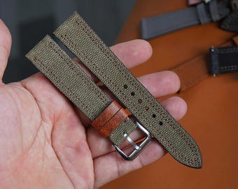 Handgjort olivfärgat klockarmband i canvas – anpassade storlekar 18 mm-24 mm