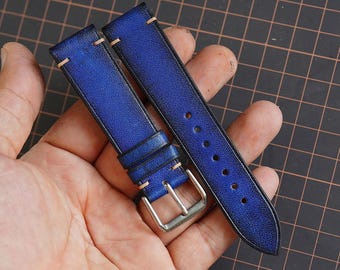 Handgjort blått vegetabiliskt - brunt läderarmband – specialdesignat vintage-klockarmband
