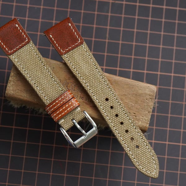 Handmade Etoupe Canvas & Leather Watch Strap – Custom Watch Band, Sizes 10mm–24mm