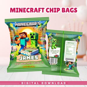 May include: Two green Minecraft-themed chip bags. The front bag features Steve, a Creeper, and a birthday cake. Text includes "JAMES HAS REACHED LEVEL 7" and "APRIL 25, 202x". The smaller bag shows a Creeper and a nutrition label.
