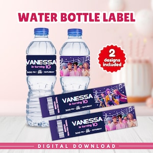May include: Two water bottles with custom labels and two matching ticket-style labels. The labels read "VANESSA is turning 10" with the date and time. The image also includes a red sticker that says "2 designs included".