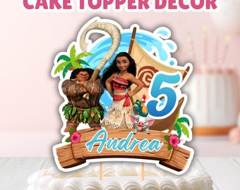 パーソナライズされたモアナケーキトッパー、編集可能なモアナ2オーシャンケーキトッパー、モアナの印刷可能な誕生日ケーキトップデコレーション、トロピカルバースデーパーティーデコレーション
