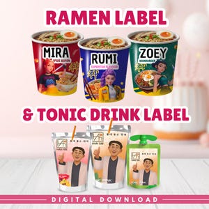 May include: Digital download featuring ramen and tonic drink labels. The ramen labels are in red, blue, and green, each with a different character and flavor name. The tonic drink labels are in clear and green packaging, featuring a man in a white coat.