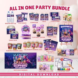 May include: A comprehensive party bundle featuring water bottles, chip bags, Capri Sun, tags, a chocolate bar, and a tonic drink. Includes a cake topper, cupcake toppers, party bags, a gable box, and a welcome sign. The theme is K-Pop, with the text "Sophia's 10th Birthday".