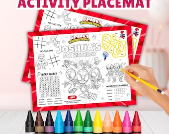 Jogo americano editável para atividades de aniversário do Homem-Aranha, página para colorir do Homem-Aranha, jogo americano para colorir do Homem-Aranha e seus amigos incríveis, página para colorir para festa infantil