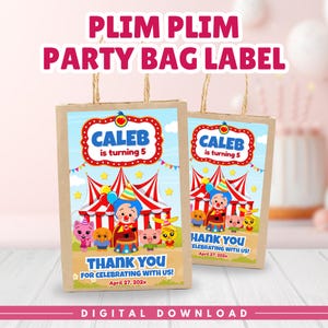 May include: Two brown paper party bags with the text "PLIM PLIM PARTY BAG LABEL". Each bag features a circus-themed design with the text "CALEB is turning 5" and "THANK YOU FOR CELEBRATING WITH US!"