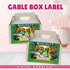 Etiqueta para caja de cumpleaños de Minecraft (con diseño de gablete), Etiqueta editable para caja de obsequios de fiesta de Minecraft, Etiqueta para bolsa de Creeper (con diseño de gablete), Recuerdos de fiesta de cumpleaños para niños, Canva