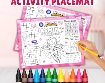 Jogo americano editável do Homem-Aranha com a Gwen Fantasma, Desenho para colorir do Homem-Aranha, Jogo americano para colorir da Gwen Stacy Fantasma, Homem-Aranha e seus amigos incríveis