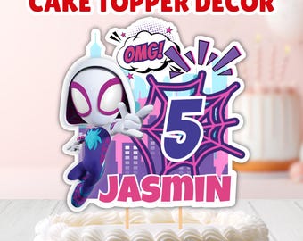 Topo de bolo editável do Homem-Aranha e da Gwen Fantasma para aniversário, Topo de bolo do Homem-Aranha e seus Incríveis Amigos, Topo de bolo imprimível da Gwen-Aranha: Modelo do Canva