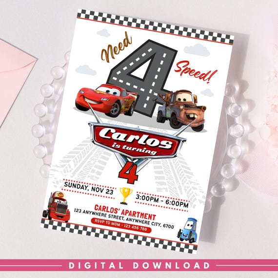 Need 4 Speed Racing Cars Invitation, Lightning Mcqueen Invitation, Cars Theme Party Digital Invite Template, 4th Birthday Invite, Canva