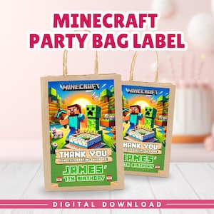 May include: Two brown paper party favor bags with Minecraft-themed labels. The labels feature Minecraft characters, a birthday cake, and the text "Thank You" and "James' 7th Birthday". The bags have twisted paper handles.