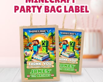 Minecrafter Party Bag Label, Minecrafter Birthday Gift Bag Label, Editable Creeper Party Favor Bag Label, Minecrafter Party Decor, Canva