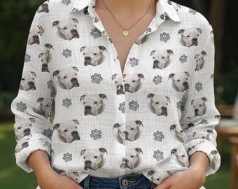 Benutzerdefinierte Hunde Gesicht Muster Button Down Shirt, Bulldogge Leinenbluse