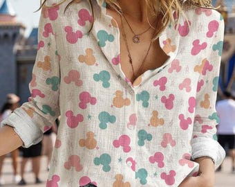 Pastelkleurige Mickey Mouse-kop voor dames met knoopsluiting, Mickey-linnen blouse, outfits Disney Park-trip