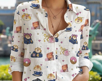 Disney Zootopia Clawhauser Damen Bluse, Gepard Donut Müsli Muster Button Down Shirt