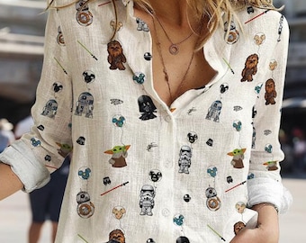 Kleurrijk Star Wars-shirt met ballonknop, baby Yoda Darth Vader Chewbacca Apparel T-shirt Disney Trip