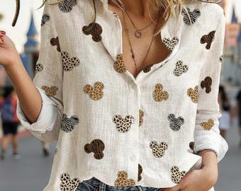 Chemisier en lin avec oreilles de Mickey Mouse, chemise boutonnée guépard léopard Mickey, tenues pour voyage safari Disney