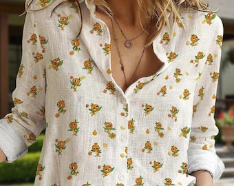 Disney Little Orange Bird Button-Up Shirt, Epcot Flower Garden Women Blouse, Florida Citrus Bird Apparel