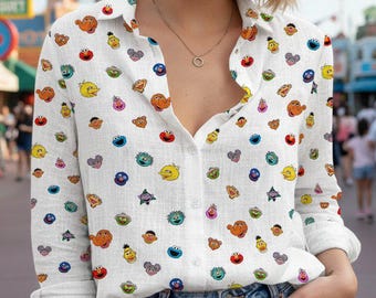 Disney Sesame Street Characters Button Up Shirt, Elmo Cookie Monster Abby Cadabby Big Bird Women's Blouse