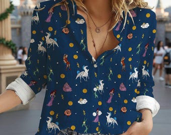 Disney Hercules Movie Women Button Shirt, Navy Megara Pegasus Panic Pain Line Blouse
