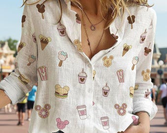 Vintage Disney Snacks Button Up Shirt, Mickey Mouse Theme Park Blouse for Women