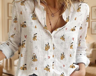 Vintage Disney Pluto Hund Damen Bluse, Pluto All Over Print Leinenbluse, Disney Hundeliebhaber Geschenk