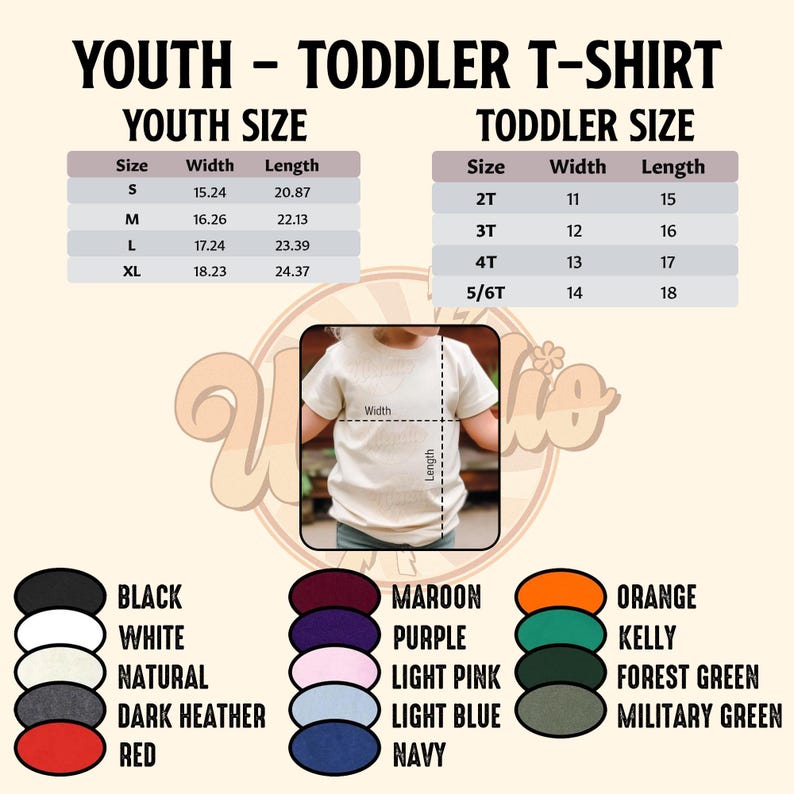 Puede incluir: Imagen de un cuadro de tallas de camisetas para ni&ntilde;os y ni&ntilde;os peque&ntilde;os. El cuadro incluye medidas de talla, ancho y largo en pulgadas. Las opciones de color incluyen negro, blanco, natural, gris oscuro y rojo. Colores adicionales son granate, morado, rosa claro, azul claro, marino, naranja, kelly, verde bosque y verde militar.