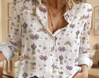 Rapunzel Corona Sun Tiara Frauen Bluse, Verstrickter Turm Pascal Prinzessin Cottagecore Button Up Shirt