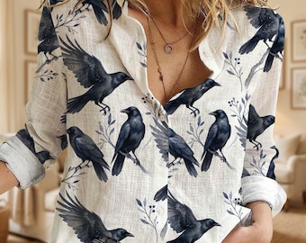 Vintage Crow Bird Women's Blouse, Watercolor Crow Pattern Long Sleeve Blouse, Bird Lover Gift