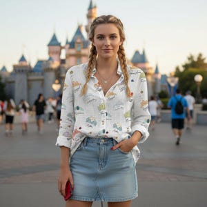 Może przedstawiać: Biała koszula zapinana na guziki z kolorowym wzorem koron, kwiat&oacute;w i tekstu. Koszula jest połączona z jasnoniebieską dżinsową sp&oacute;dnicą. W tle widać zamek i spacerujących ludzi.