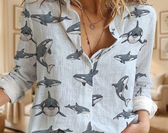 Orca Whale Pattern Button Down Shirt, Orca Lover Gift, Nautical Wildlife Linen Shirt