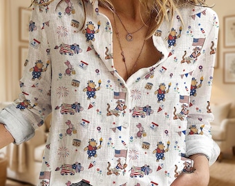 Winnie The Pooh Independence Day Women Button Shirt, Pooh and Friends Patriotic Line Blouse, Disney 4th Of July Outfits