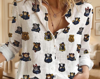 Zootopia Police Officers Pattern Women's Linen Blouse, Judy Hopps Nick Wilde Police Badge Button Shirt