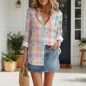 Pastel Mickey Mouse Plaid Button Shirt, Gingham Mickey Ears Linen Tee, Colorful Checkered Disney Blouse image 4