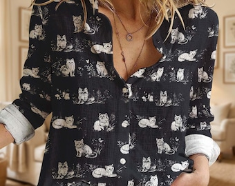 Vintage damesblouse zwarte kat, button-down shirt botanische kat, cadeau huisdierliefhebber