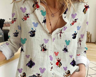 Chemise boutonnée ballon colorée méchants Disney, t-shirt voyage Disney Cruella Maleficent Ursula Scar Apparel