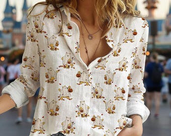 Pooh Geist Halloween Damen Bluse, Disney Winnie the Pooh Leinen Bluse