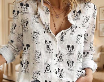 Micky und Freunde Skizze Shirt, Disney Charaktere Signature Bluse, Schwarz und Weiß Disney Friends Nautical Tee