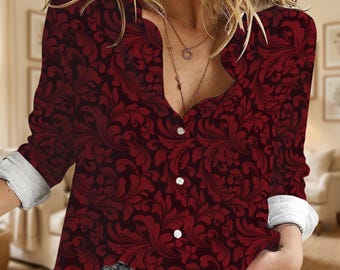 Vintage bordeauxrode barokke damastblouse, elegant rood filigraan damesshirt met knopen