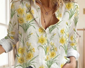 March Birth Flower Daffodil Women's Button Shirt, Yellow Wildflower Botanical Blouse, Cottagecore Garden Tee