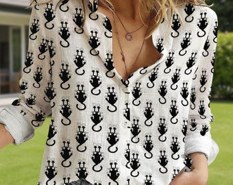 Hängendes festhaltendes Muster-Frauen-Button-Up-Shirt, Katzenleinenbluse