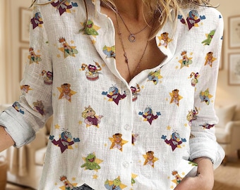 Disney Muppets Women's Blouse, Kermit The Frog Miss Piggy Gonzo  Apparel Disney Trip Button Shirt